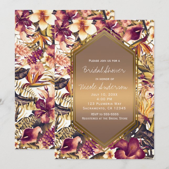 Hawaiian Golden Tropics Elegant Bridal Shower Invitation (Front/Back)