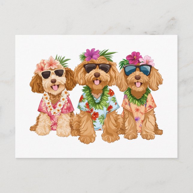 Hawaiian Goldendoodle Dogs Flower Lei Postcard (Front)