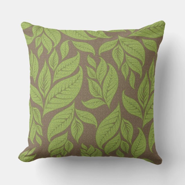 Hawaiian Green and Brown Pattern Throw Pillow (Front)