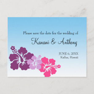 Hawaiian hibiscus flower purple save the date announcement postcard