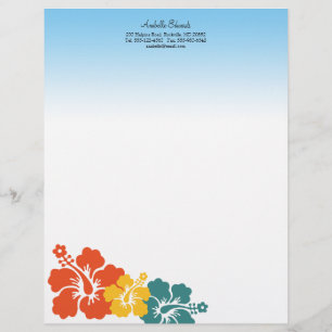 Hawaiian hibiscus flowers orange teal summer letterhead