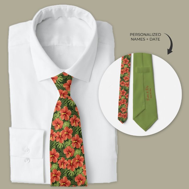 Hawaiian Hibiscus Flowers Personalized Tie (Personalized Plumeria Hawaiian flowers wedding neckties for groomsmen)