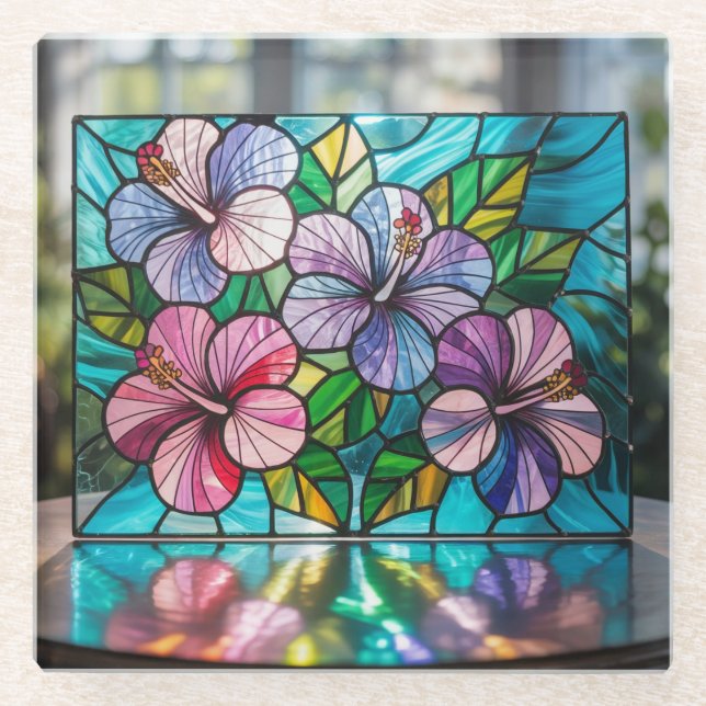 Hawaiian Hibiscus Flowers Stained Glass Coaster (Front)