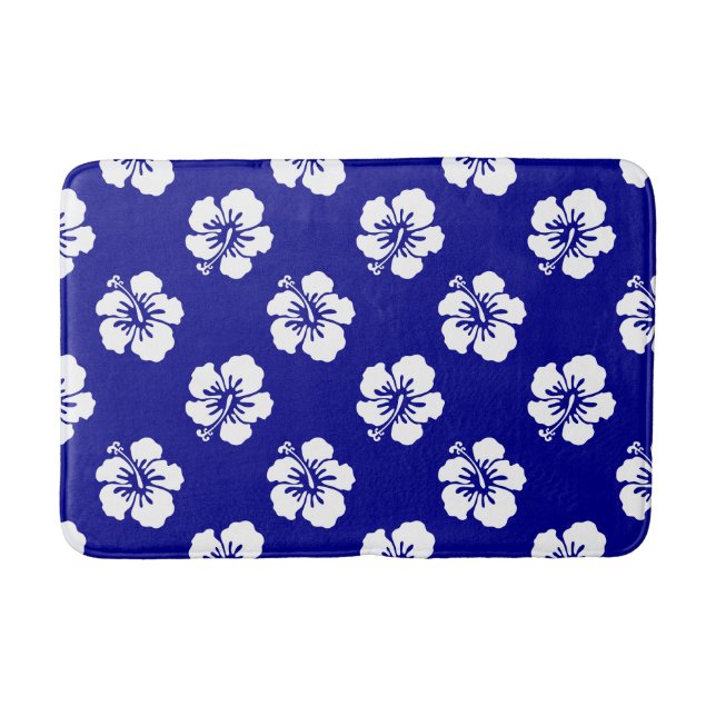 Hawaiian Hibiscus Pattern Blue and White Bath Mat (Front)