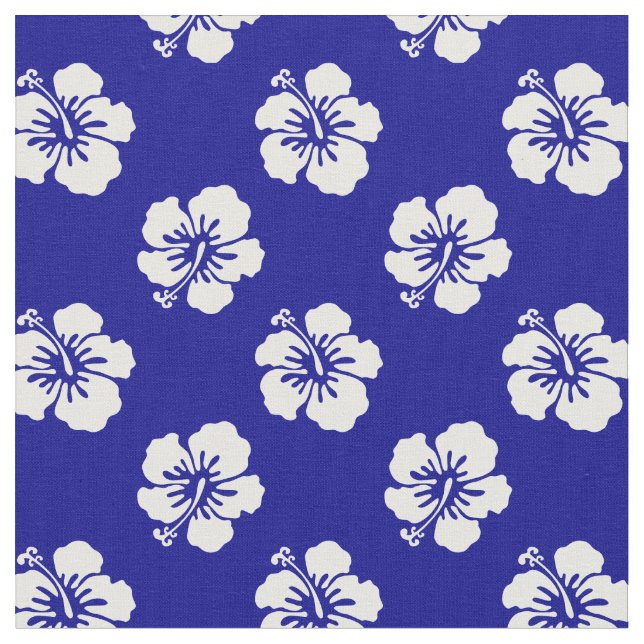 Hawaiian Hibiscus Pattern Blue and White Fabric (Close Up)