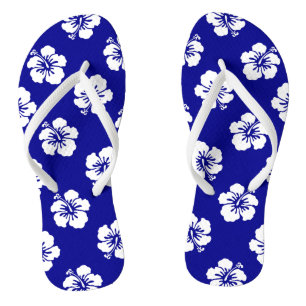 Hawaiian Hibiscus Pattern Blue and White Flip Flops