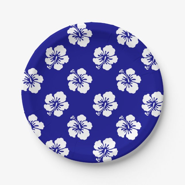 Hawaiian Hibiscus Pattern Blue and White Paper Plate (Front)