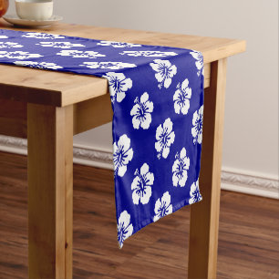 Hawaiian Hibiscus Pattern Blue and White Short Table Runner