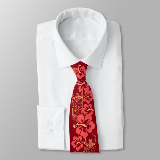 Hawaiian Hibiscus & Tiki "Live Pono" Retro Upbeat Tie (Tied)