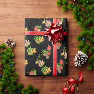 Hawaiian Hibiscus Tropical Floral on Black Wrapping Paper