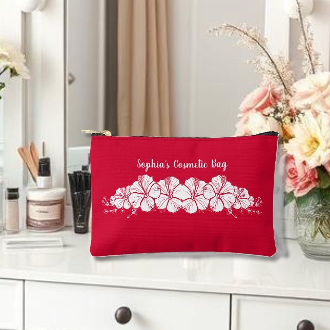 Hawaiian Hibiscus Tropical Flowers Cherry Red Accessory Pouch (Hawaiian Tropical Flowers, Islander, Beach Summer  Cosmetic bag, Cherry Red)