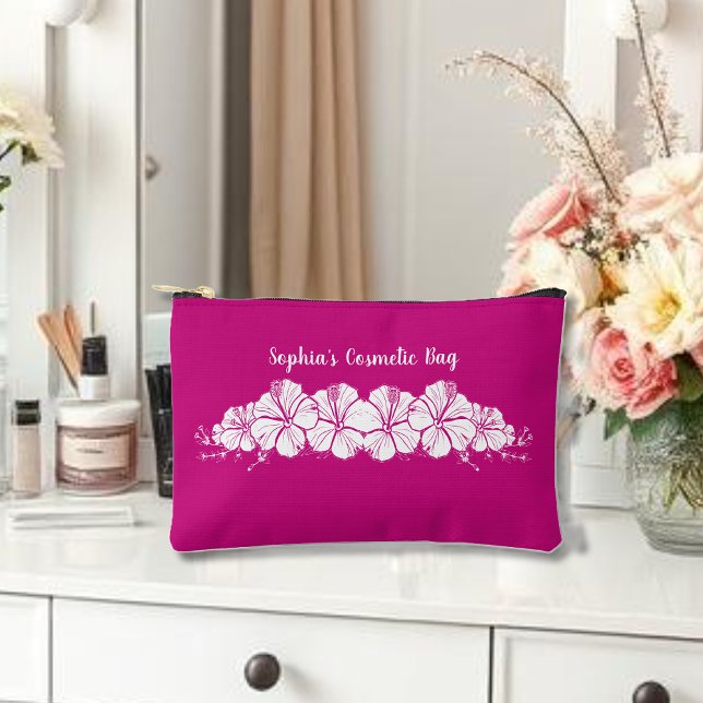 Hawaiian Hibiscus Tropical Flowers Pink Accessory Pouch (Hawaiian Tropical Flowers, Islander, pink cosmetic bag)
