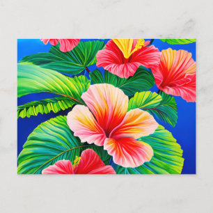 Hawaiian hibiscus tropical red flowers and green postcard