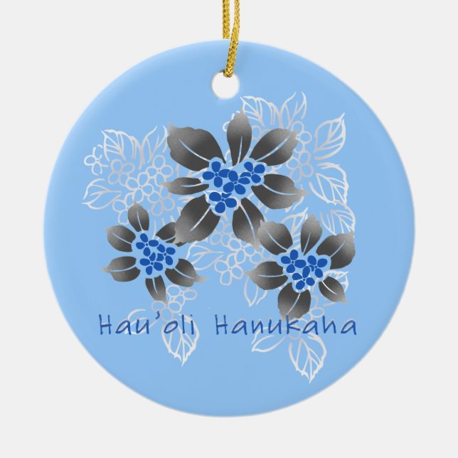 Hawaiian Holly Hanukkah Blue Floral Ceramic Ornament (Front)