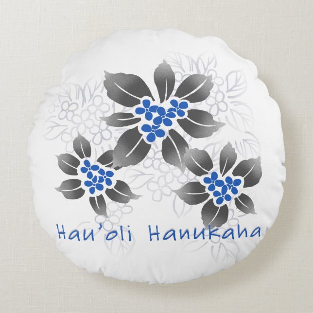 Hawaiian Holly Hanukkah Blue Floral Round Pillow (Front)