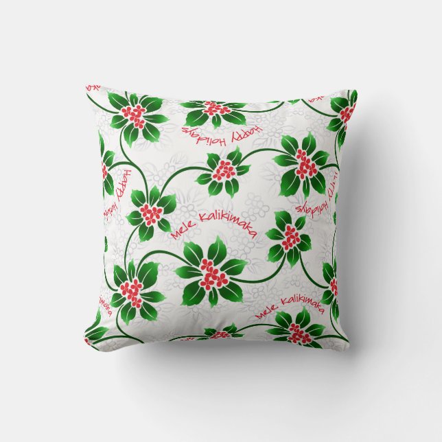 Hawaiian Holly Mele Kalikimaka Christmas Red Throw Pillow (Front)
