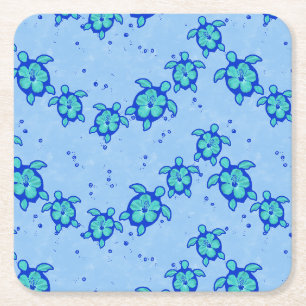Hawaiian Honu Hibiscus Sea Turtles Square Paper Coaster