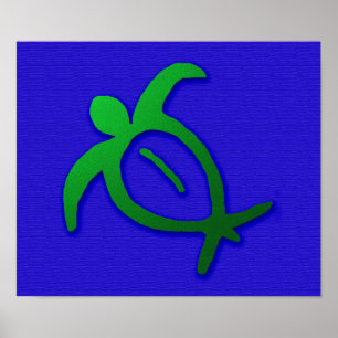 Hawaiian Honu Petroglyph on Blue Poster