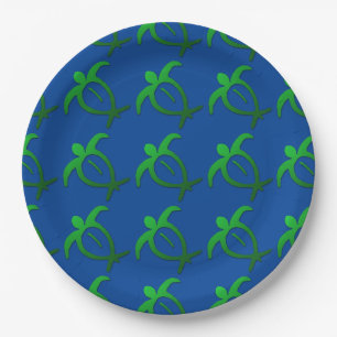 Hawaiian Honu Petroglyph on Blue (Tiled) Paper Plate