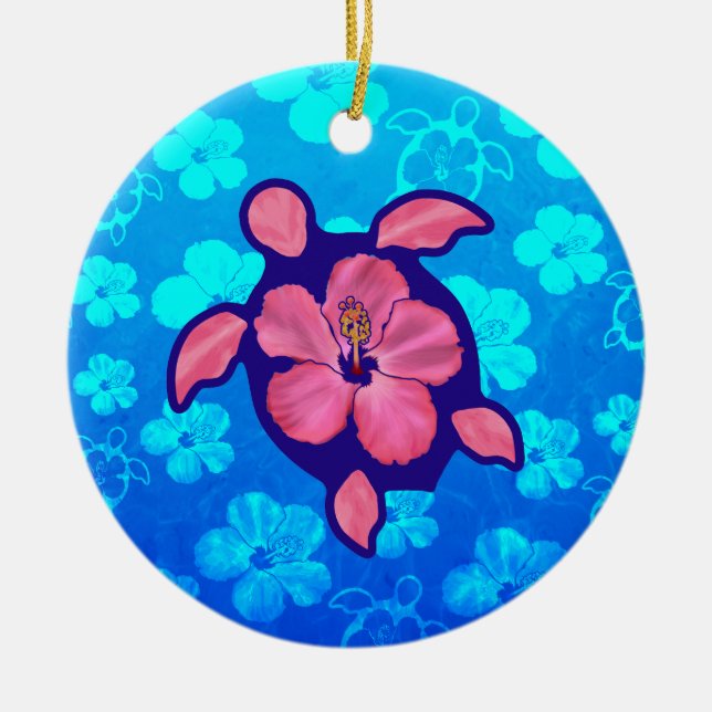 Hawaiian Honu Turtle and Hibiscus Ceramic Ornament (Front)