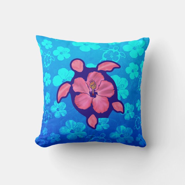Hawaiian Honu Turtle and Hibiscus Throw Pillow (Front)