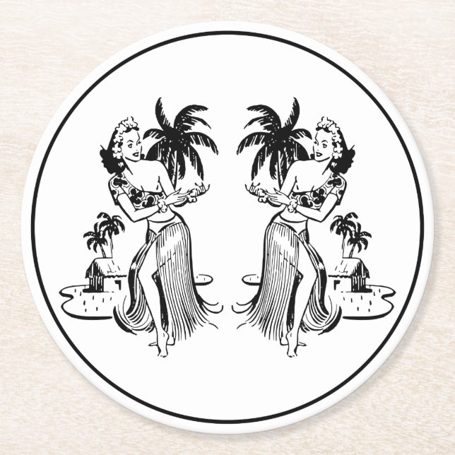 Hawaiian Hula Dancers Tropical Island Retro Tiki Round Paper Coaster (Front)