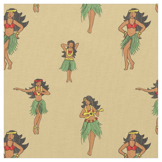 Hawaiian Hula Dancing Girls Vintage Pattern Fabric (Close Up)