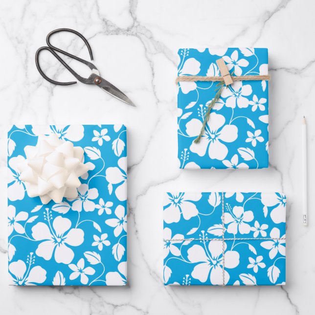 HAWAIIAN HULA (HIBISCUS) BLUE WRAPPING PAPER SHEET (Front)