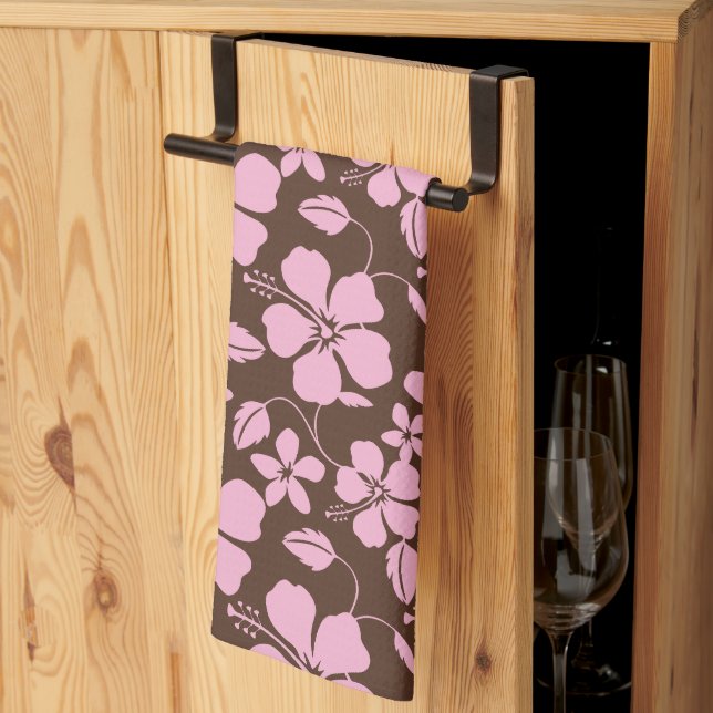 HAWAIIAN HULA (HIBISCUS) BROWN/PINK KITCHEN TOWEL (Thirds Fold)