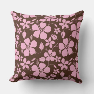 HAWAIIAN HULA (HIBISCUS) BROWN/PINK THROW PILLOW