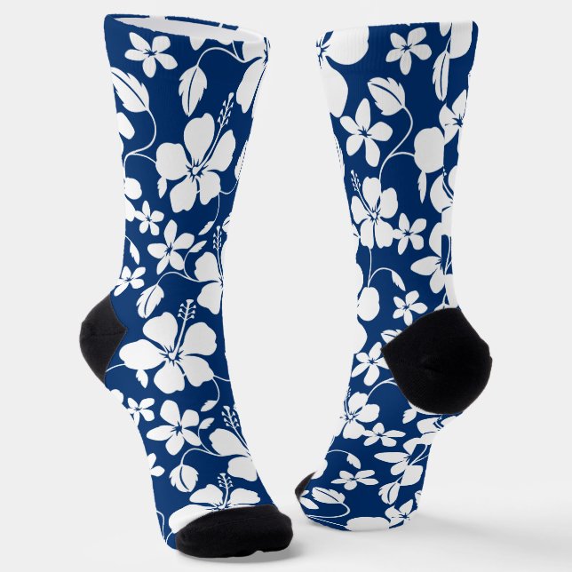 HAWAIIAN HULA (HIBISCUS) NAVY BLUE SOCKS (Angled)
