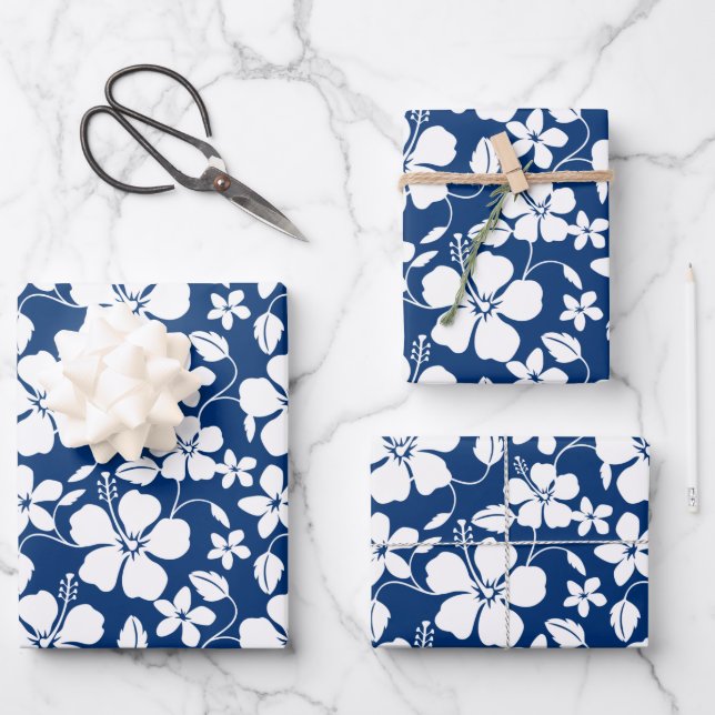 HAWAIIAN HULA (HIBISCUS) NAVY WRAPPING PAPER SHEET (Front)