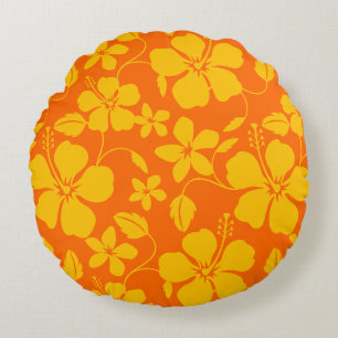HAWAIIAN HULA (HIBISCUS) ORANGE MIX ROUND PILLOW