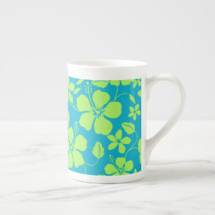 HAWAIIAN HULA (HIBISCUS) TEAL LIME BONE CHINA MUG