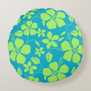 HAWAIIAN HULA (HIBISCUS) TEAL/LIME ROUND PILLOW
