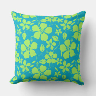 HAWAIIAN HULA (HIBISCUS) TEAL LIME THROW PILLOW