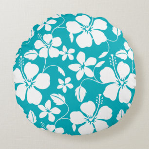 HAWAIIAN HULA (HIBISCUS) TEAL ROUND PILLOW
