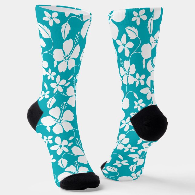HAWAIIAN HULA (HIBISCUS) TEAL SOCKS (Angled)