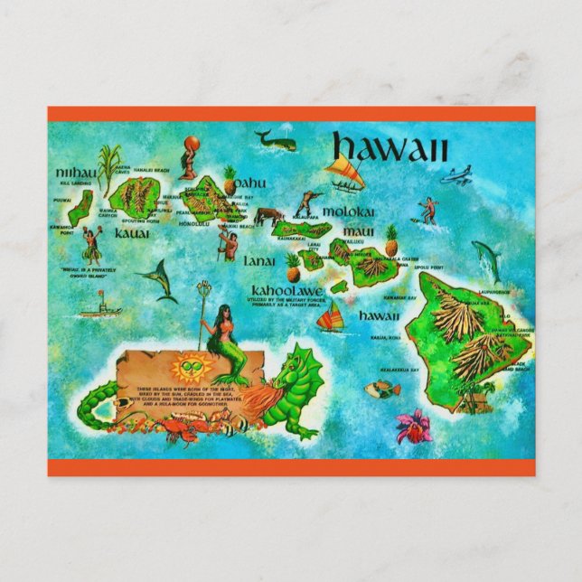 Hawaiian Islands Fun Map Postcard (Front)