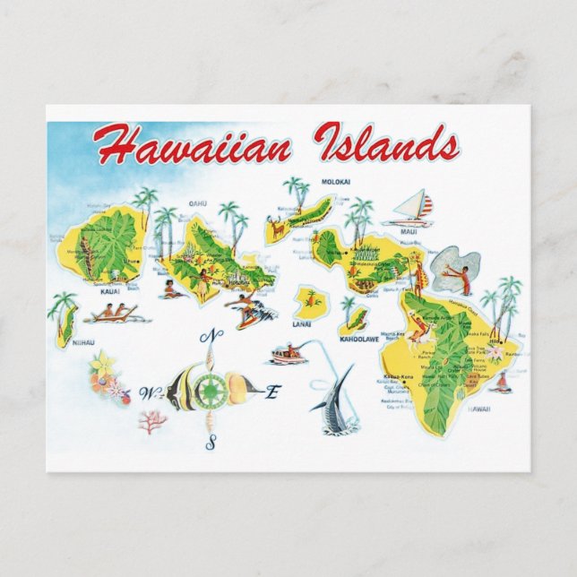 Hawaiian Islands Map Postcard (Front)