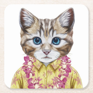 Hawaiian Kitty Cat Square Paper Coaster