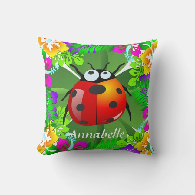 Hawaiian ladybug standing on a four leaf clover throw pillow (Front)