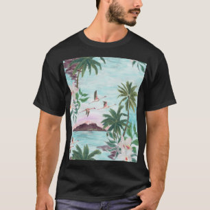 Hawaiian Landscape Flamingo Watercolor Pattern T-Shirt