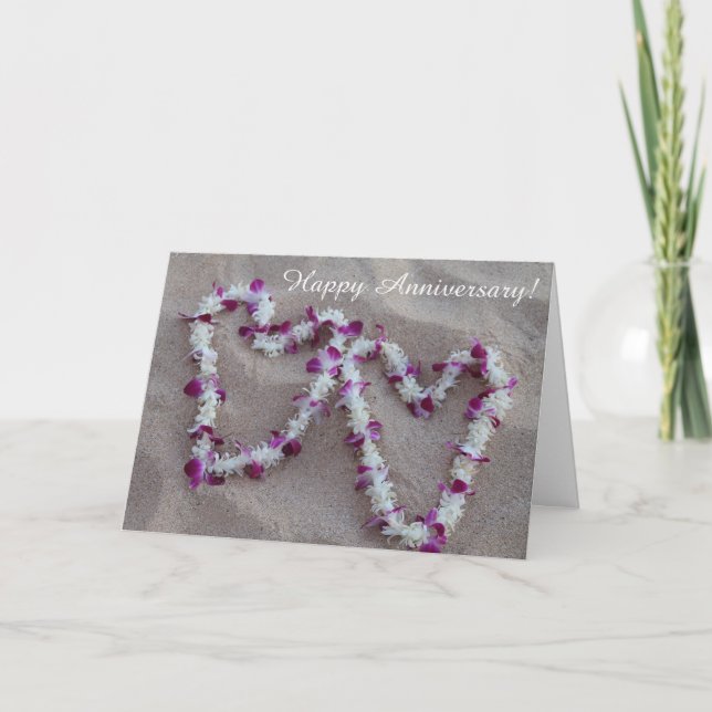 Hawaiian Lei Hearts in the Sand Anniversary Card (Front)