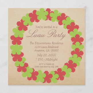 Hawaiian Lei Luau Party Invitation, Red and Green Invitation