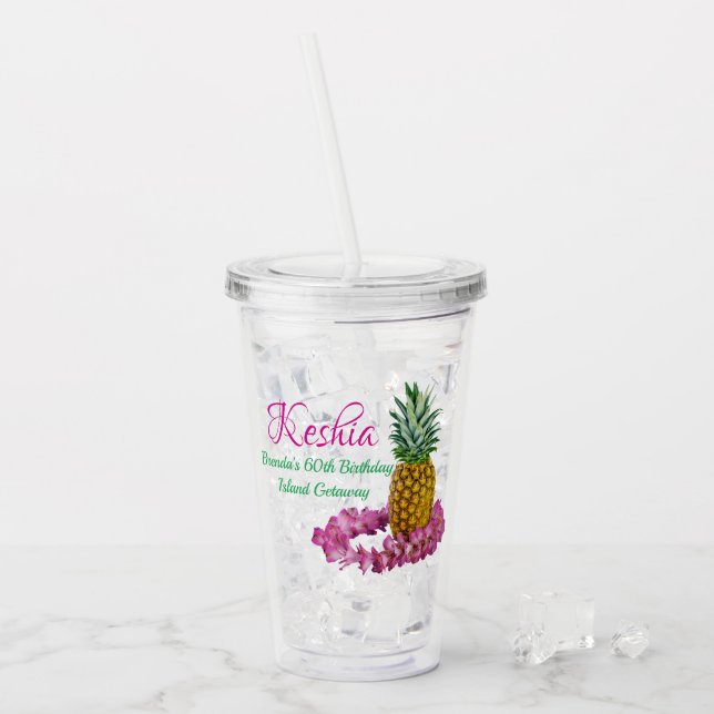 Hawaiian Lei & Pineapple Monogrammed Luau Themed Acrylic Tumbler (Front Ice)