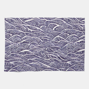 Hawaiian Linocut Waves and Surf  Kitchen Towel
