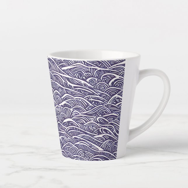 Hawaiian Linocut Waves and Surf  Latte Mug (Right)