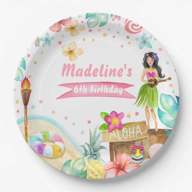 Hawaiian Luau Birthday Tropical Pool Party Pastel Paper Plate (Front)