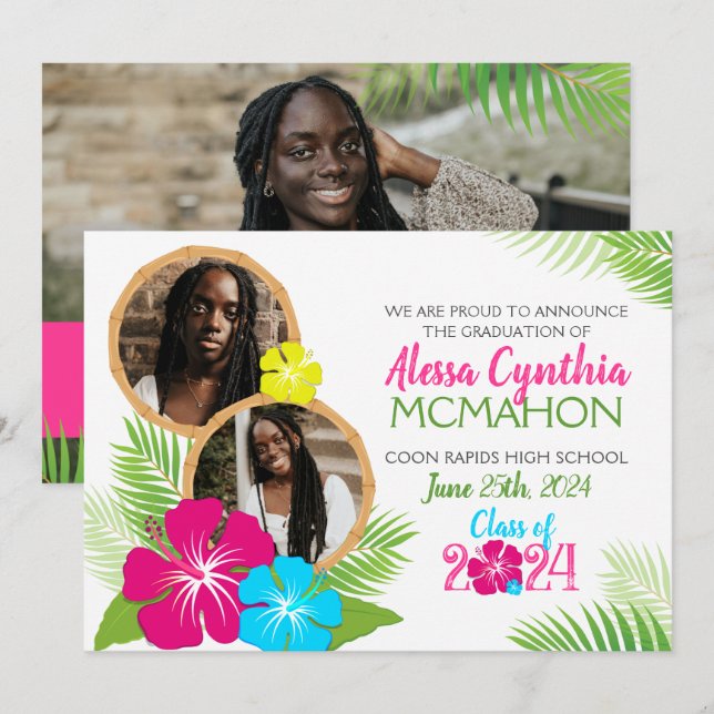 Hawaiian Luau Graduation 3 Photo Announcement (Front/Back)